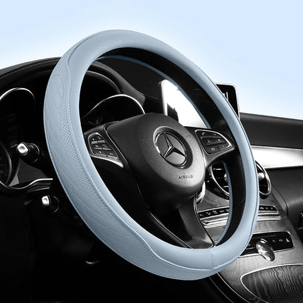 OKEYWOW Napa leather 15-inch universal steering wheel cover with perforated, breathable, non-slip design for car wheel protection.