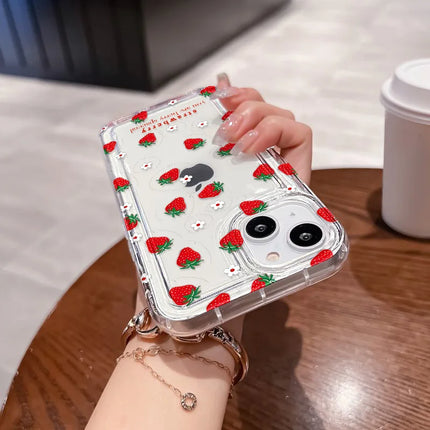 OKEYWOW iPhone strawberry flower shockproof case for models 11 to 17, with airbag protection and vibrant floral design.