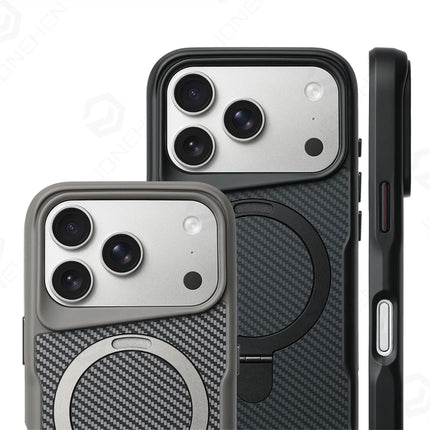 Stealth Carbon Kickstand Magnetic Armor Case for iPhone 17/16/15/14/13/12 Pro Max Soft Shield Cover