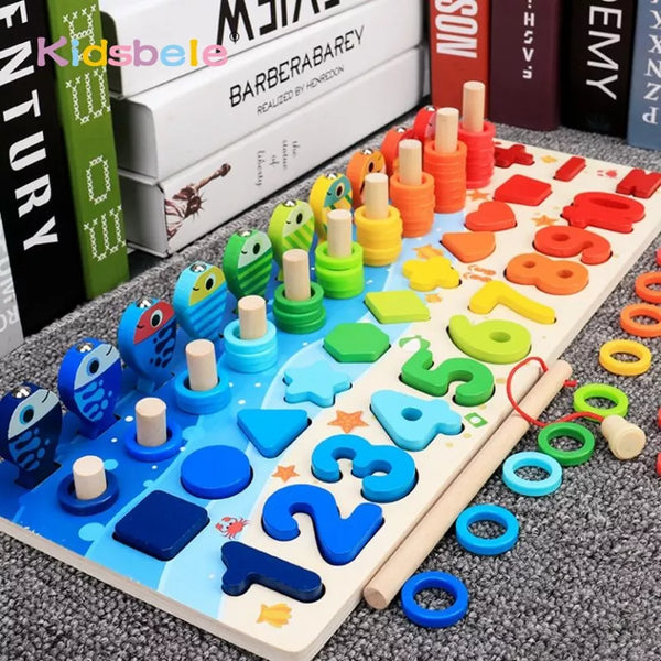 Montessori Math Toys for Toddlers: Educational Wooden Puzzle Fishing Set, Counting, Number, Shape Matching Sorter Board Game Toy