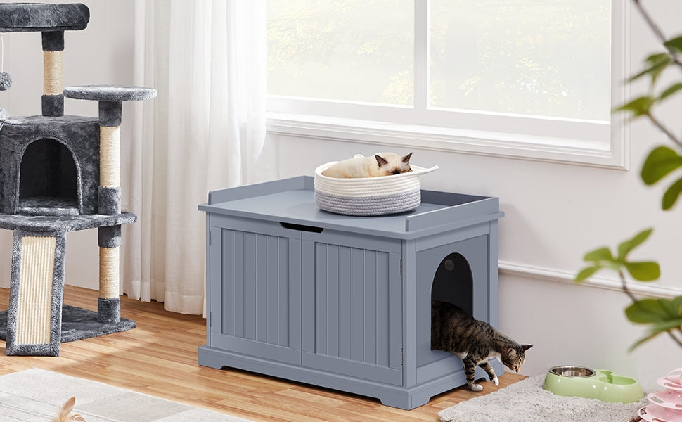 Costoffs Pet Litter Box Wooden Storage Bench Side Table with Double Doors for Cat, Decorative Cat Litter Box Hidden Bathroom
