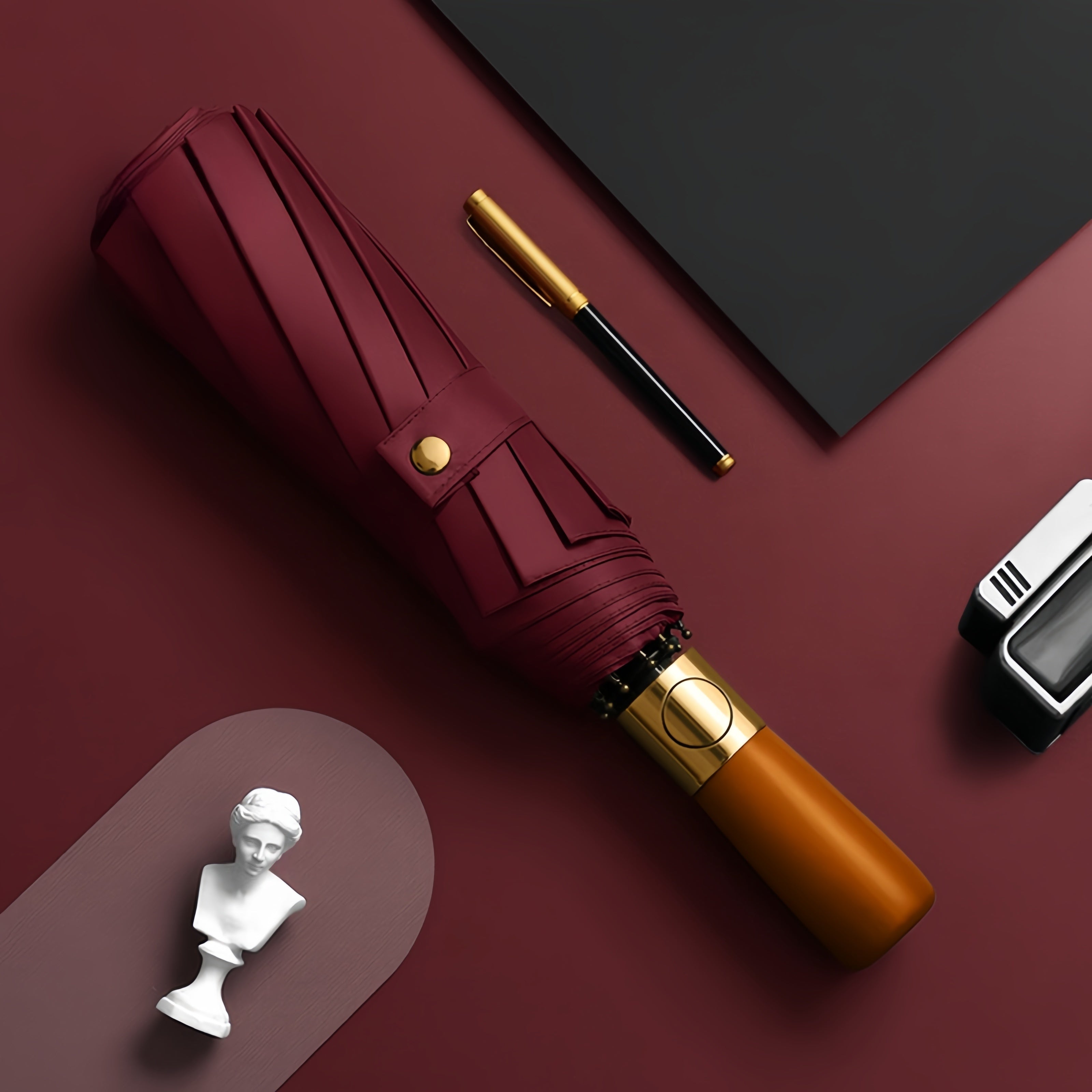 Business Premium Auto Open/Close 2-Person Umbrella – Large Windproof Double Fiberglass Frame, Wooden Handle, UPF 50+ Folding Travel Umbrella for Men & Women