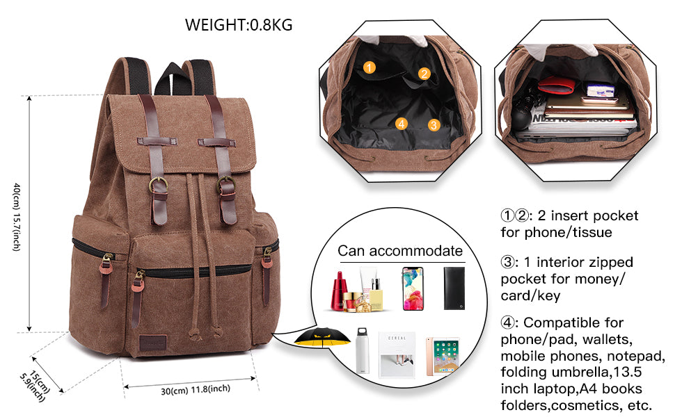 Canvas Backpack Unisex Vintage Rucksack School Bag Casual Daypack for Women/Men Outdoor Travel Hiking Camping
