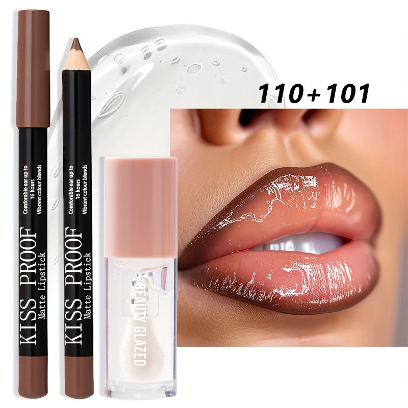 2pack BEAUTY GLAZED Waterproof Lip Liner & Lip Glaze Set - Long-Lasting Matte Lip Makeup Combo, Nude Brown/Pink/Deep Red Shades, Moisturizing Lip Pencil & Glossy-Free Lipstick for All Beige Types, All-Day Wear for Sensitive L