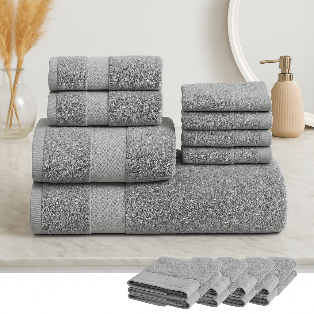 8Pack Towel Set Includes 4 Face Towels, 2 Hand Towels, and 2 Bath Towels 100% Cotton Super Soft Highly Absorbent & Durable Ideal for Bathroom Hotel Spa Gym Beach or Home Use Grey & Black