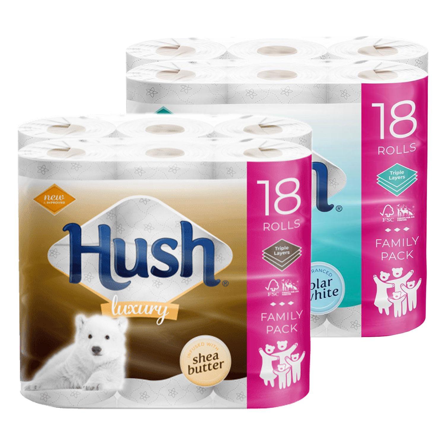 Hush White or Shea Butter Scented Core 3-Ply Luxury Bathroom Tissue, 18 Rolls