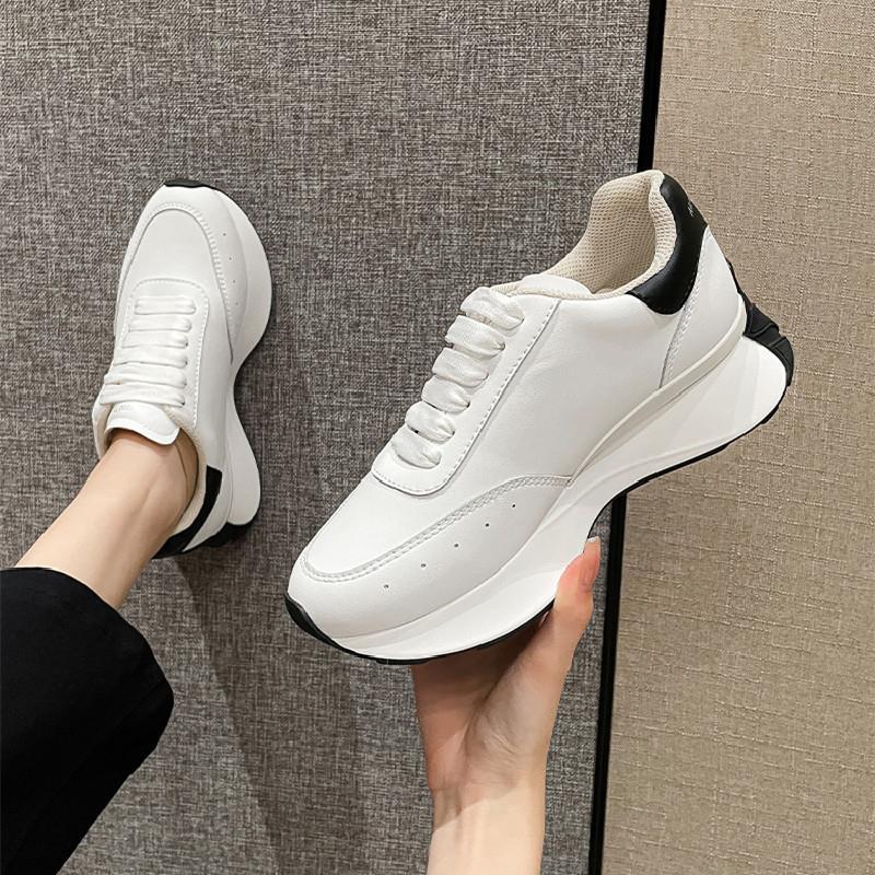 Leather Sports Casual Shoes: White, Four Seasons, Elevated Bottom Women's Shoes