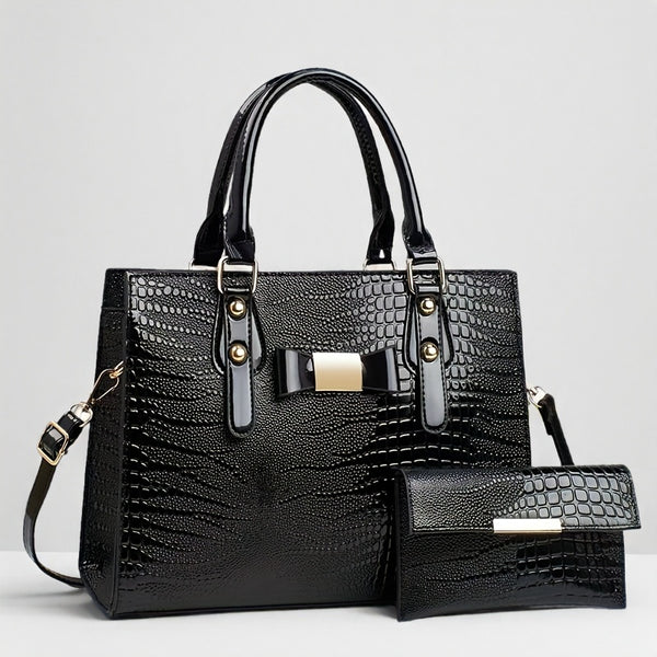Premium Women's Handbag Set - Elegant Black Crocodile-Textured Tote with Removable Strap, Large Capacity, Golden-Tone Hardware, and Detachable Shoulder Bag for Work, Travel, or Gifts, Travel Handbag | Elegant Tote Bag | Durab