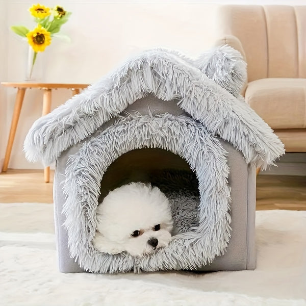 Four-season Comfortable Plush Pet Bed for Cats and Dogs with Removable Non-slip Bottom, Semi-enclosed Cat House