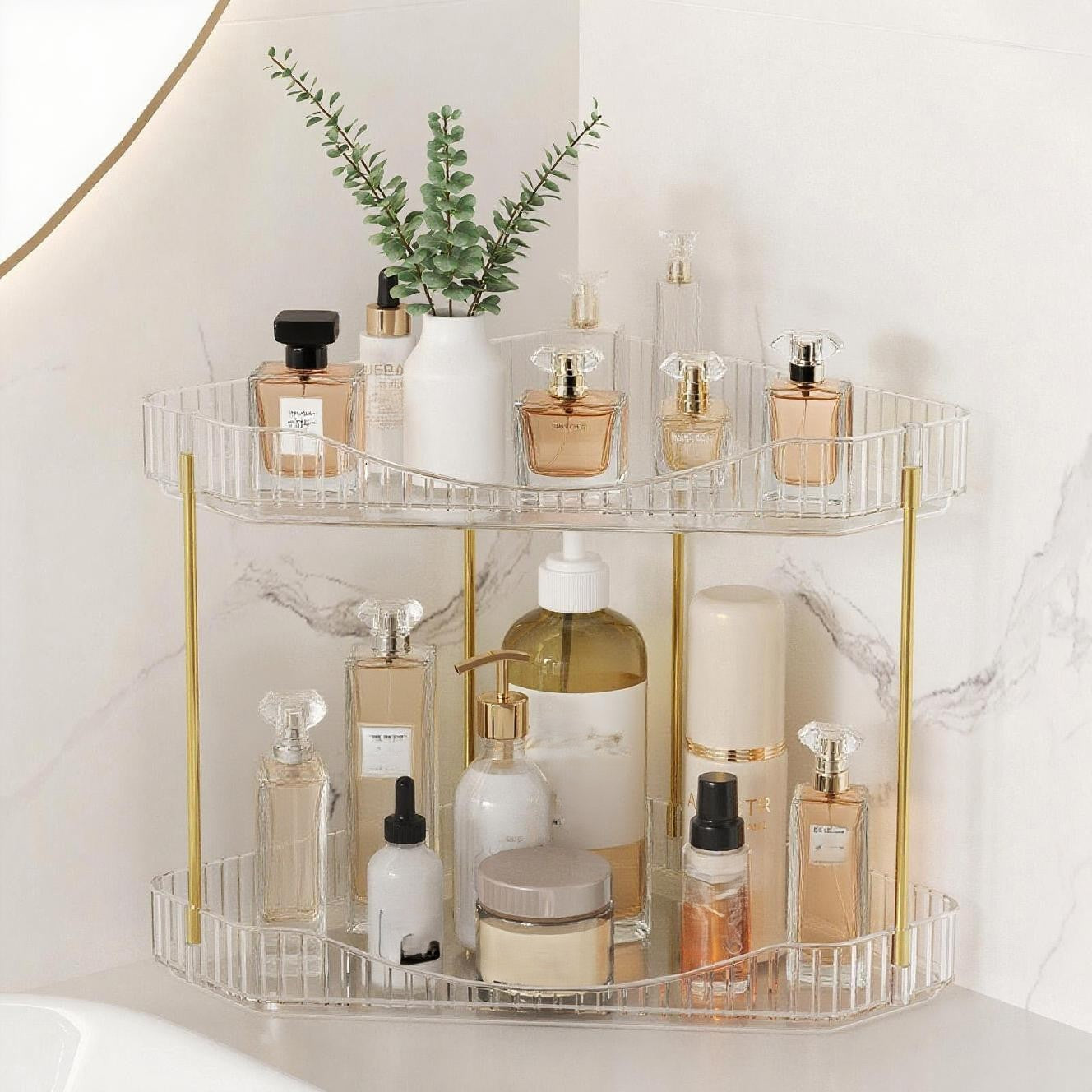 Bathroom Organiser Countertop Storage, Plastic Makeup Skincare Organiser, Vanity Perfume Trays Counter Shelf, Corner Shower Caddy, Corner Storage in Dresser, Bedroom, Kitchen