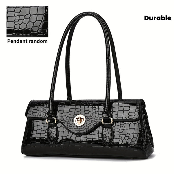 Luxury Women's Handbag | Crocodile Pattern | High-Gloss Synthetic | Metallic Round Clasp | Large Capacity | Ideal for Work, Travel & Commuting | Durable Turn-Lock Closure, Purse