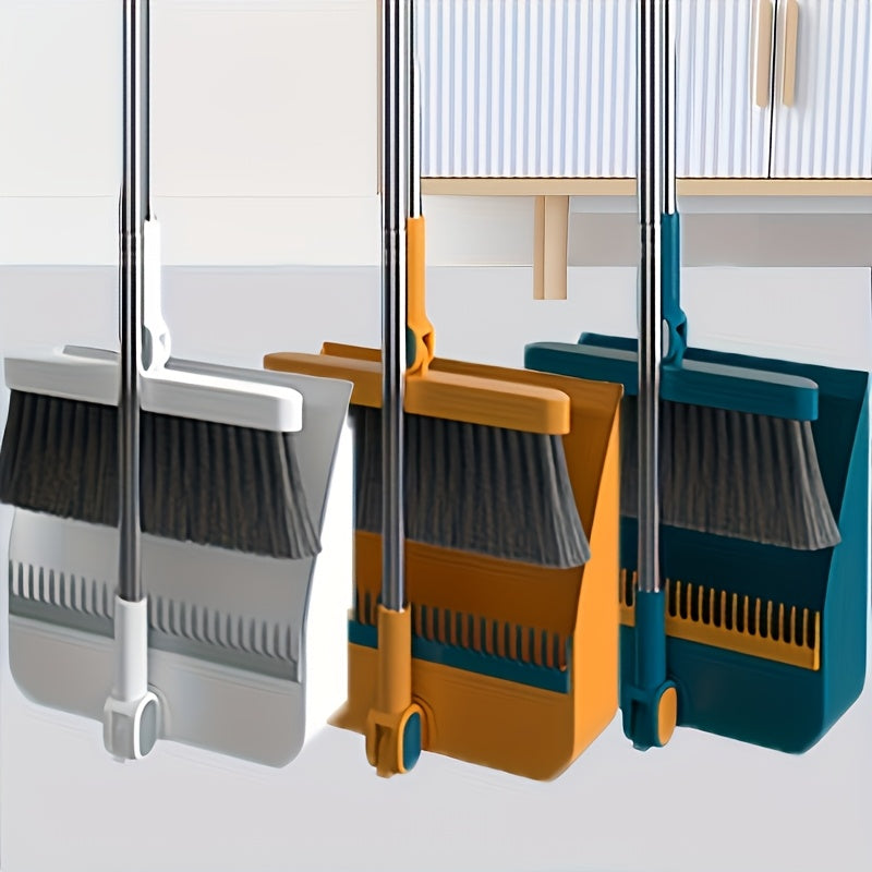 2-in-1 Rotatable Long Handle Broom and Dustpan Combo with Foldable Design, Ergonomic Telescopic Pole & Space-Saving Storage - Heavy-Duty Plastic Construction, Extended Reach for High Ceilings, Hard Floors - Ideal for Kitchen,