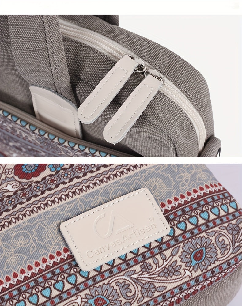 Canvas Artisan Shockproof Laptop Briefcase - Gray Canvas with Colorful Mandala Pattern, Adjustable & Detachable Shoulder Strap, Zip Closure, Polyester Lined for Business, Travel & Daily Commute, Laptop Bag