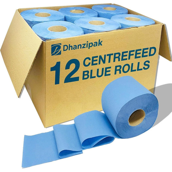 12 x Value Pack Blue Centrefeed Roll – 2-Ply, 48m Per Roll (220 Sheets) – 166mm Height – Super Absorbent & Strong – Ideal for Cleaning, Catering, Kitchens, Garages & Commercial Use.