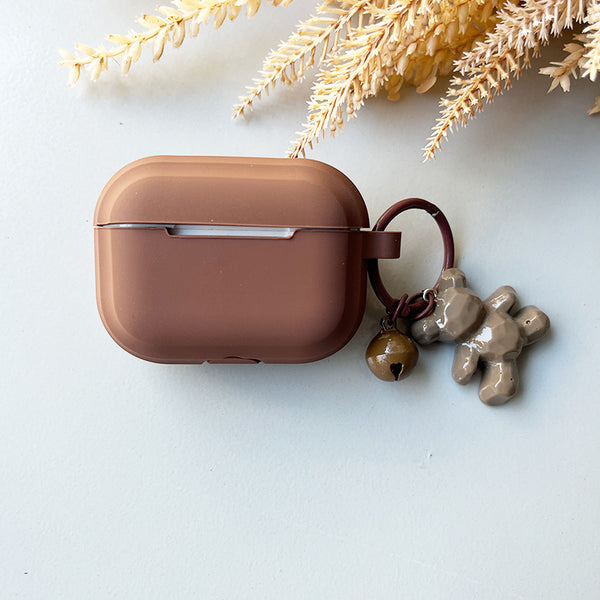 Caramel Khaki Earphone Case with Bear Pendant – Stylish Cover for AirPods 1/2/3 & Pro