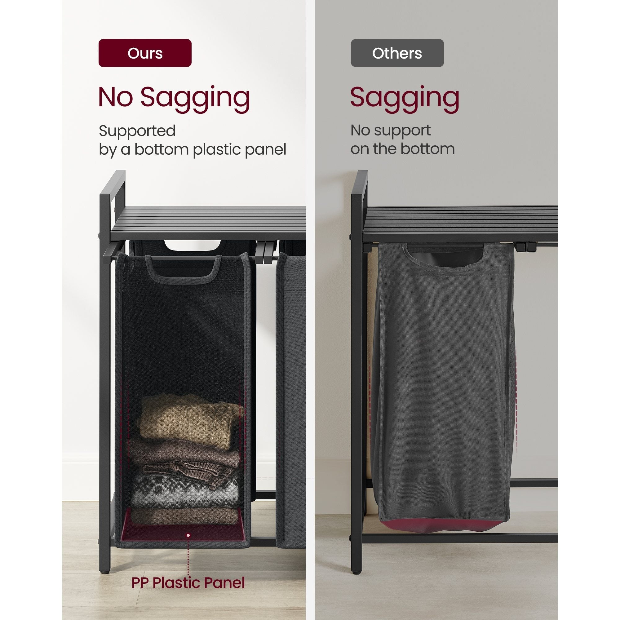 Laundry Basket, 3-Compartment Laundry Hamper, Freestanding Clothes Hamper, Laundry Bag Stands Up Well, Removable Laundry Bags, Laundry Sorter, Shelf, Metal Frame, 3 x 38 L, Black/White/Grey