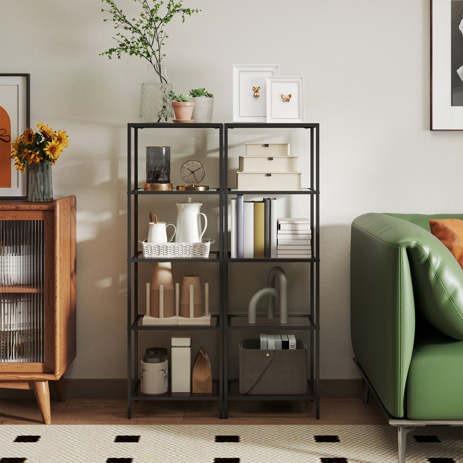 5-Tier Glass Shelf, Bookshelf, Storage Rack, Tempered Glass, Easy Assembly, Bathroom, Living Room, Black