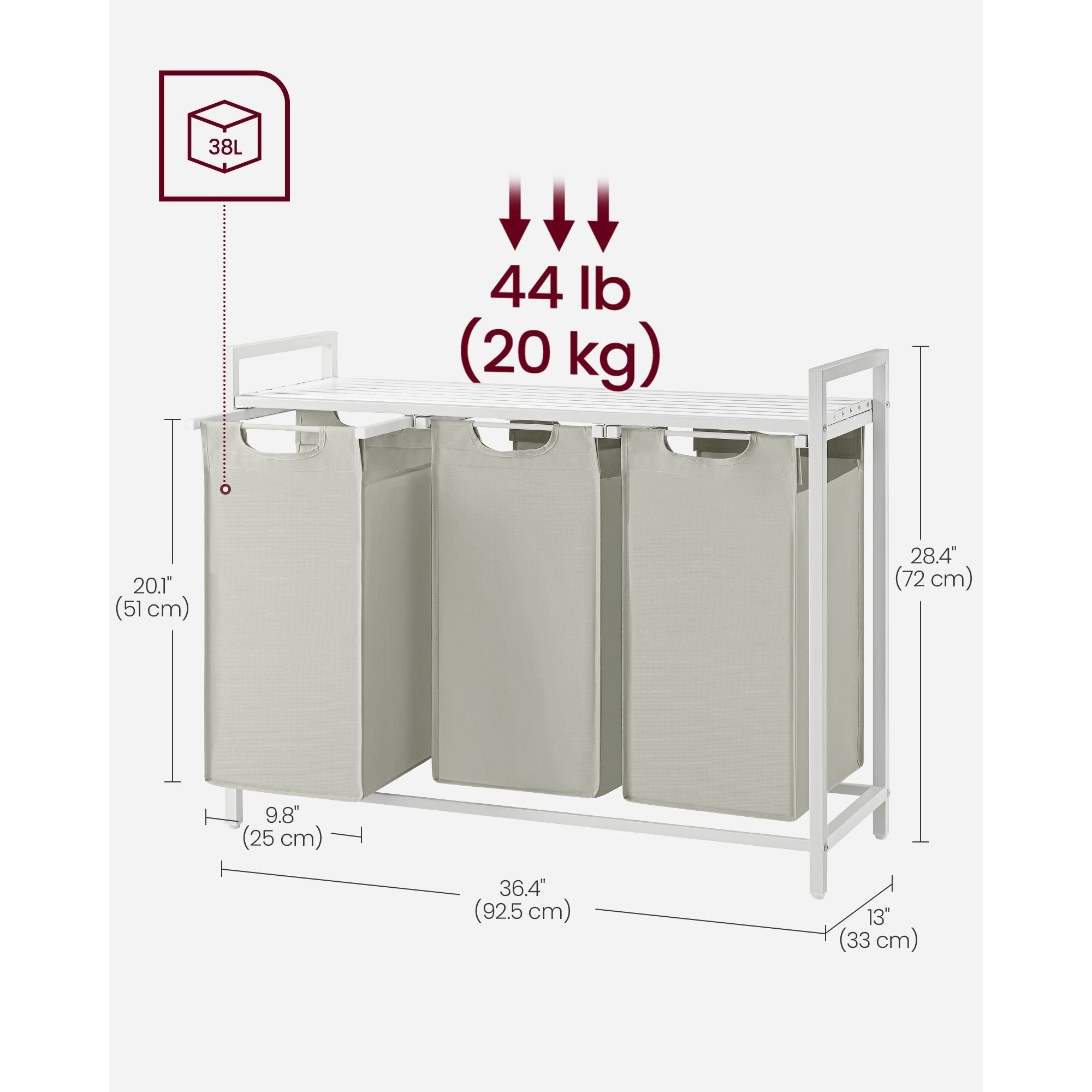 Laundry Basket, 3-Compartment Laundry Hamper, Freestanding Clothes Hamper, Laundry Bag Stands Up Well, Removable Laundry Bags, Laundry Sorter, Shelf, Metal Frame, 3 x 38 L, Black/White/Grey