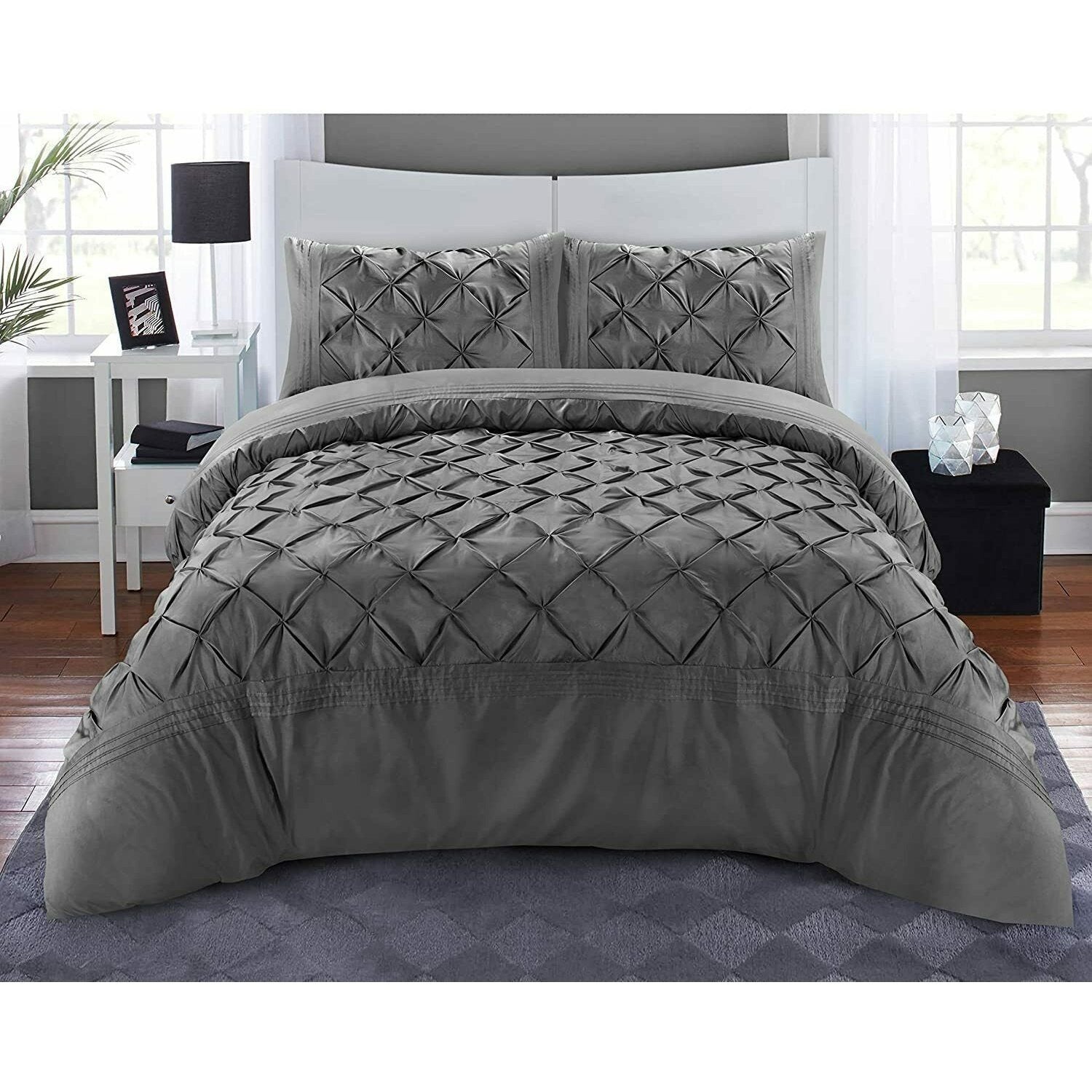 Luxury Pintuck Duvet Cover Set Double King Super King Soft Microfiber Pinch Pleat Bedding Set with Pillowcases White Silver Charcoal Pink