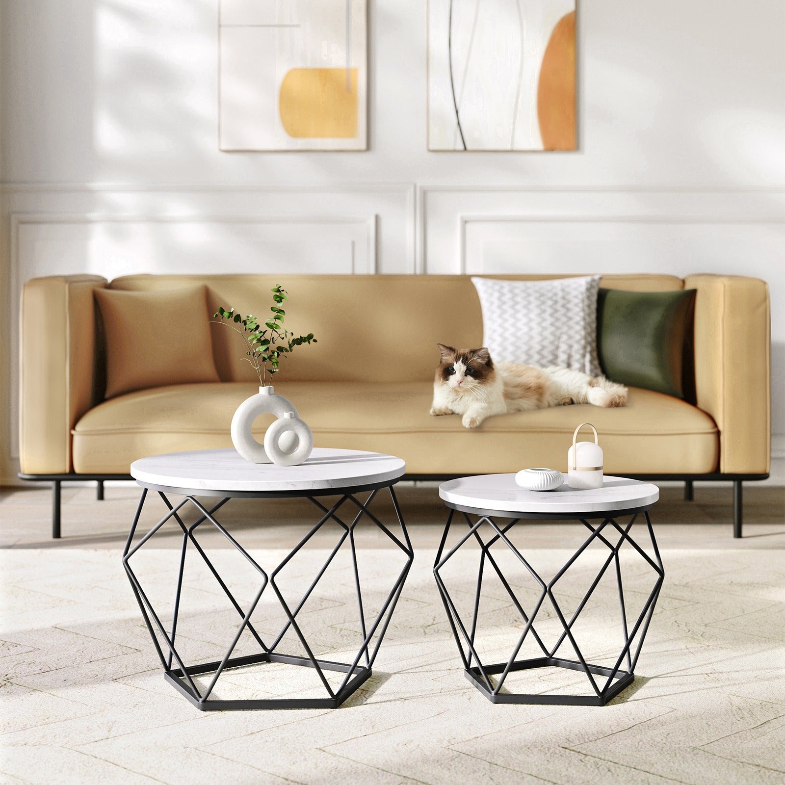 Small Round Coffee Table Set of 2, with Steel Frame, for Living Room, Bedroom, Office