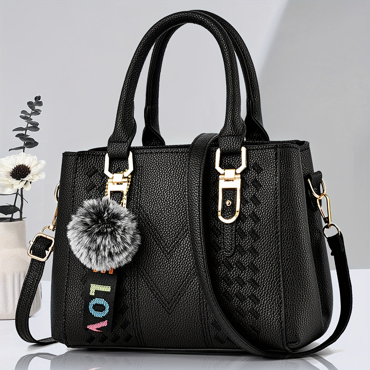 Women's Trendy Handbag with Ball Pendant, Simple Quilted Shoulder Handbag, Ladies' Easter