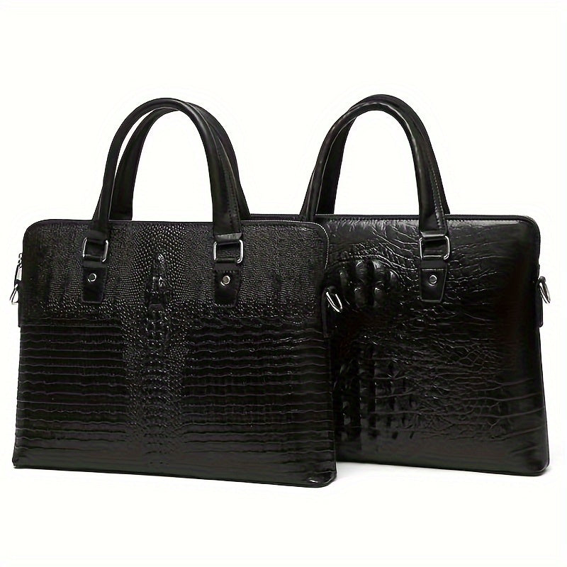 Men's Crocodile Pattern Briefcase - Stylish Business & Commuter Bag with Laptop Compartment, Adjustable Shoulder Strap, and Zipper Closure, Black, Laptop Carrying Case