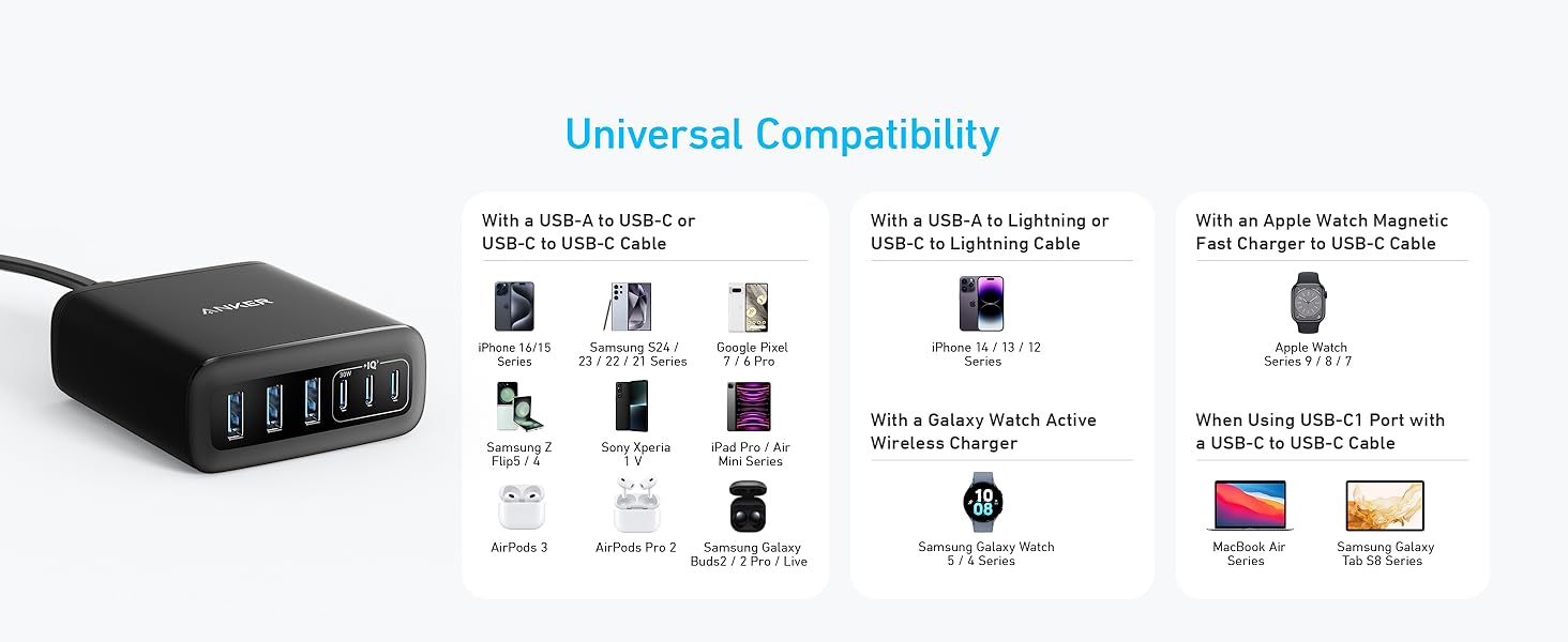 Anker USB C Charger, 6 Port Charging Station with 112W Power, for iPhone 17/16/15/14/13/12 Series, MacBook, Galaxy, iPad, and More (Cable Included)