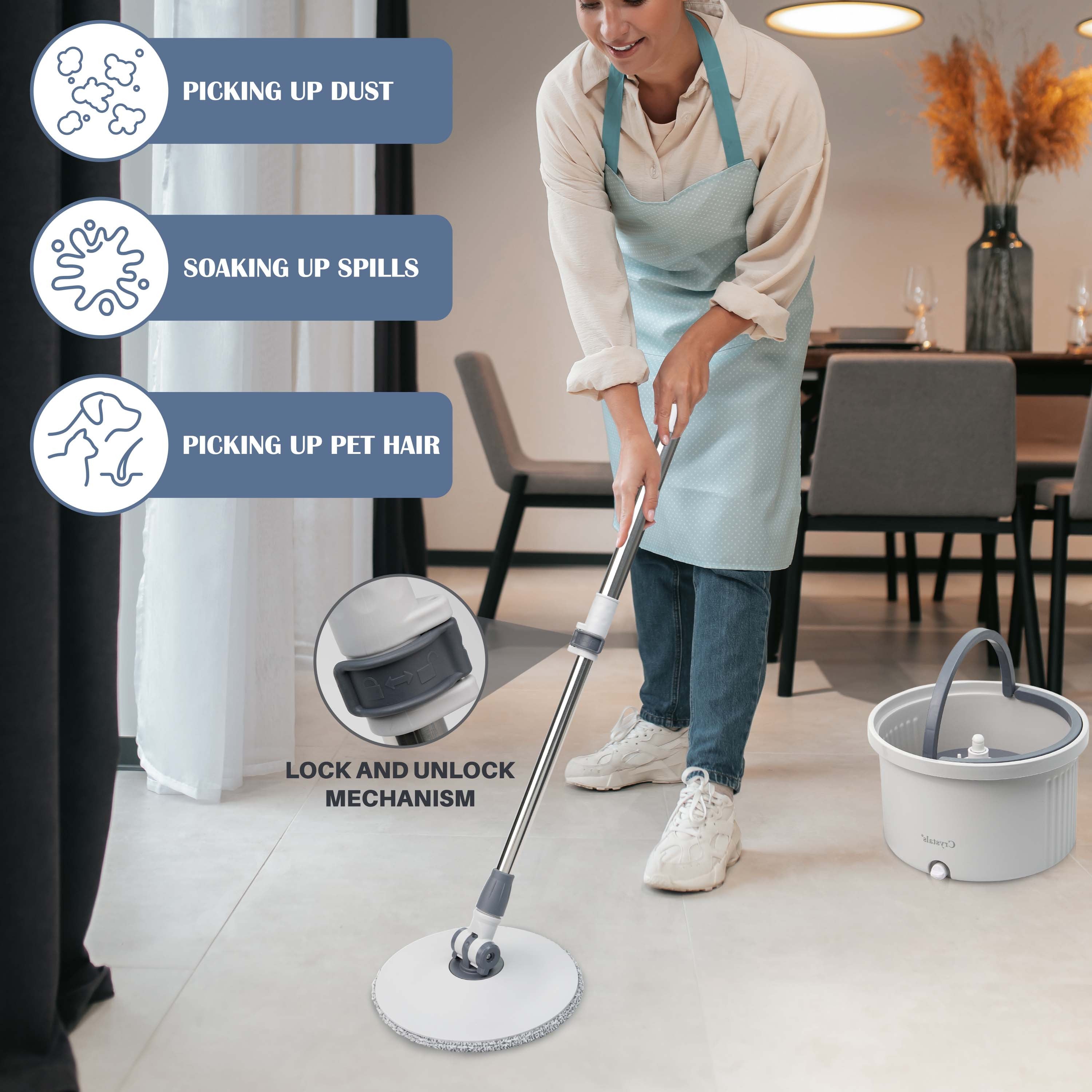Spin Mop and Bucket Set for Floor Cleaning – Compact Cleaning System with 360° Rotating Head, 2 Refill Microfibre Pads, Squeeze Wringer Washing Dry Mop Set (Round Mop & Bucket with 2 Pads)