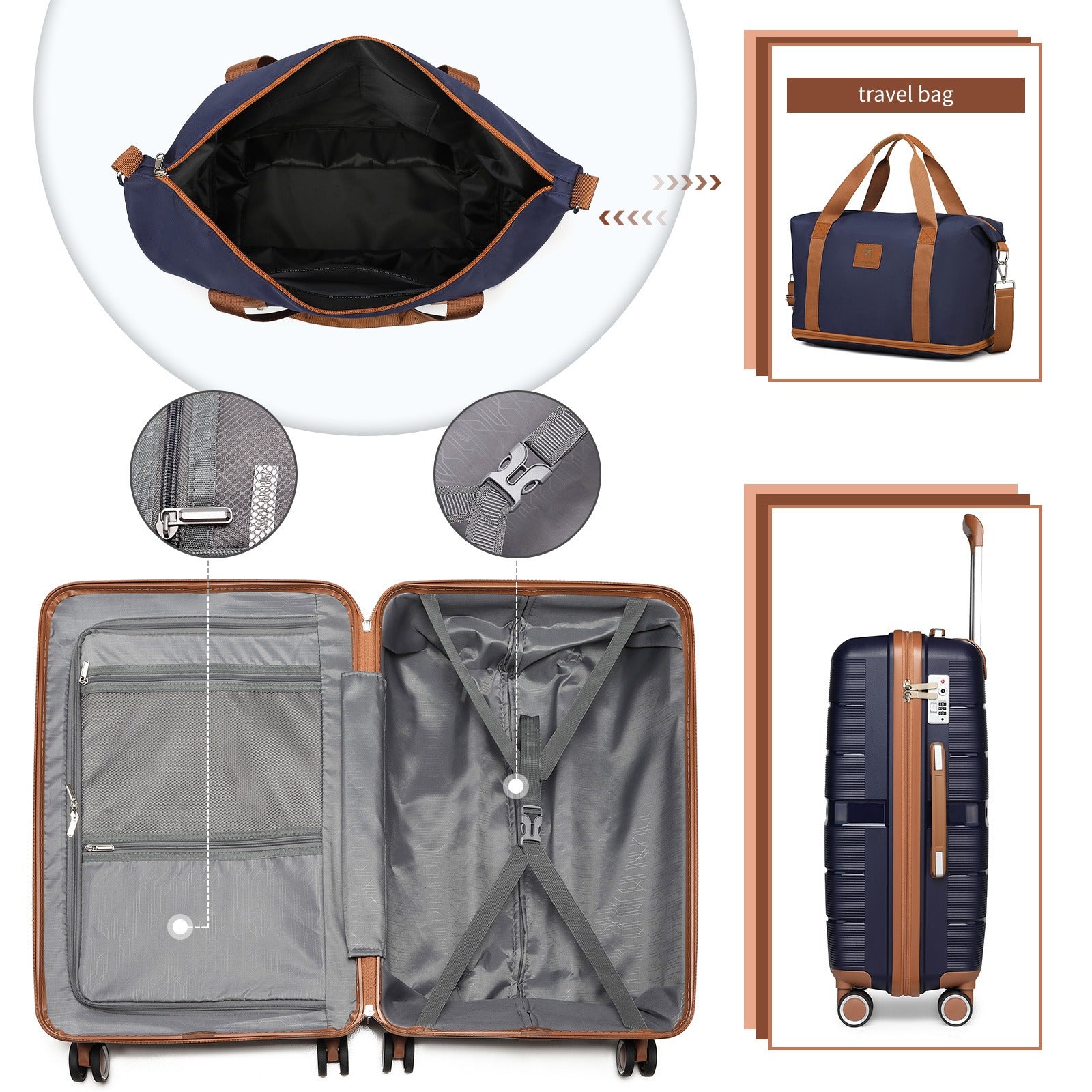 BRITISH TRAVELLER 3pcs Hard Case Suitcase Trolley Set with Multi-Texture, 100% PP Material. Hand Luggage Suitcase Equipped with 4 Smooth-rolling Spinner Wheels, Ideal for Travel. Comes with TSA Lock and Tote Bag, Perfect for