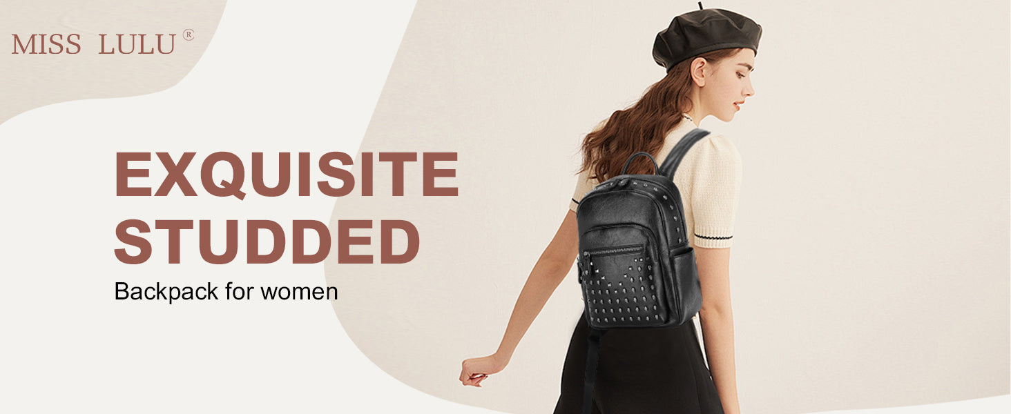 Miss Lulu Skull Rivet PU Leather Casual Daypack,Retro Punk Style Studded Backpack for Women