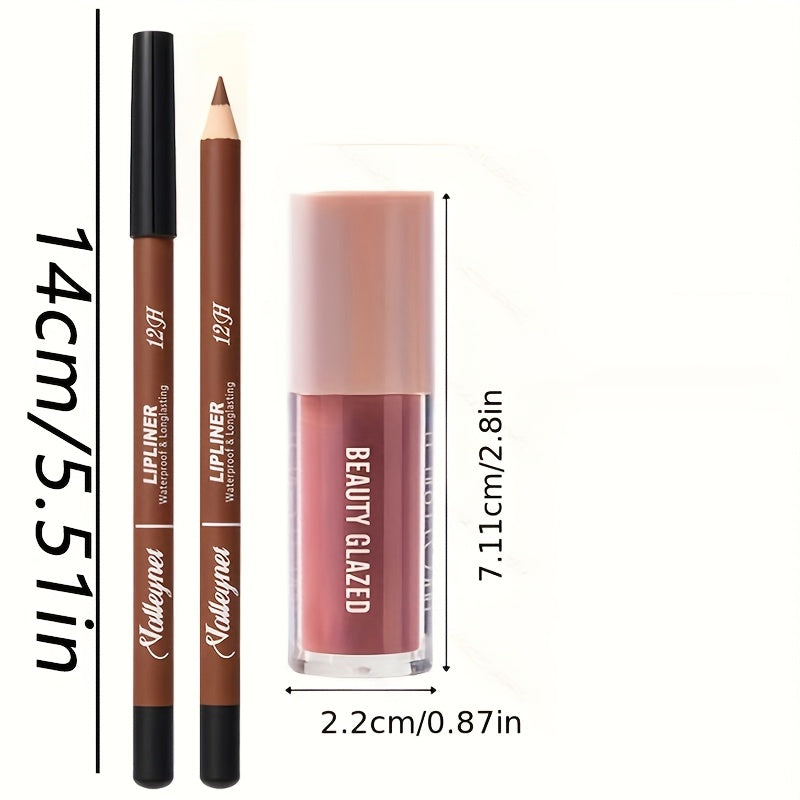 2-Pack Waterproof Lip Liner & Gloss Set/Long-Lasting Matte Lip Makeup Combo/Moisturizing Lip Liner & Lip Glaze (Brown, Pink, Red)/for Beige Types, Nude & Berry Tones/Smudge-Proof Lipstick Duo/Lip Products/Lipstick For Women/L