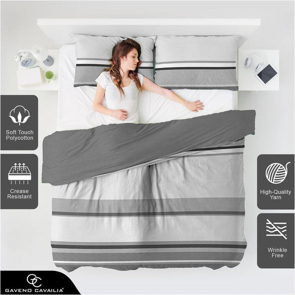 Reversible Duvet Cover Set Stylish Bedding Set with Dual Designs | Grey and Black Stripes on One Side, Solid Grey on the Other | Soft, Comfortable, and Elegant Bed Cover | Single, Double & King | UK