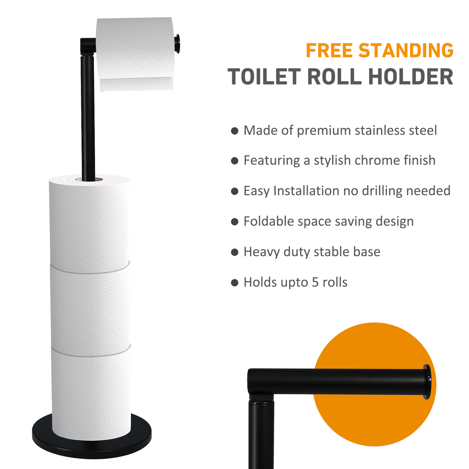 Toilet Roll Holder Free Standing - 2 in 1 Stainless Steel Toilet Paper Holder, Up to 5 Toilet Roll Storage - No Drill Toilet Roll Stand