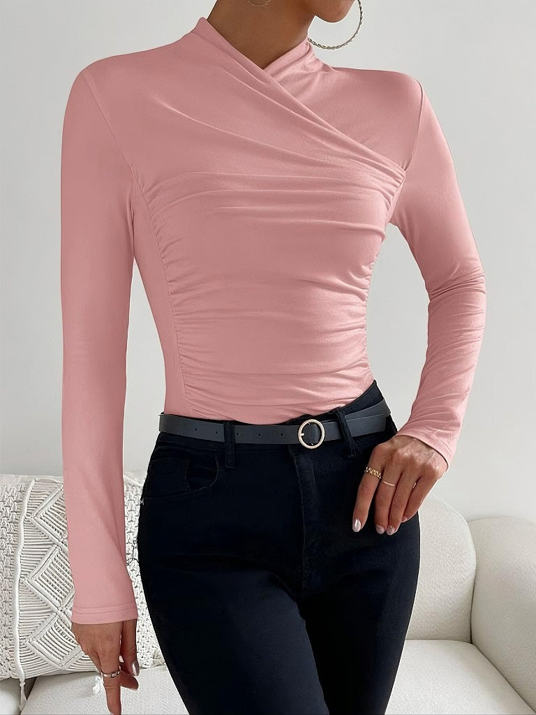 Design Cross Collar Slim Fit All-match Pleating Long Sleeve