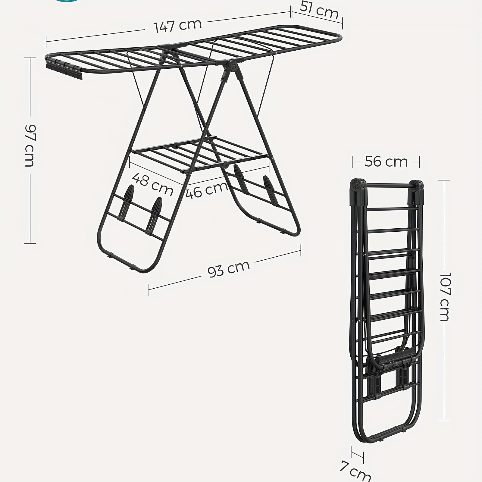 Heavy-Duty Steel Foldable Clothes Drying Rack with Height-Adjustable Wings & Free-Standing Design - Heavy-Duty Laundry Airer with Multiple Horizontal Bars, Space-Saving Indoor/Outdoor Clothes Dryer for Home, Apartment, Dorm,