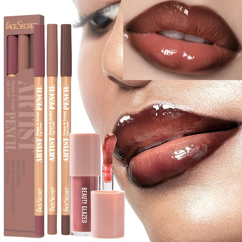 4pack/Set Long Wear High Shine Lip Gloss Combo - Moisturizing Fresh Lightweight Plumping Lip Gloss for Women with Brown Lip Liner Set Non-Sticky Liquid Lipstick