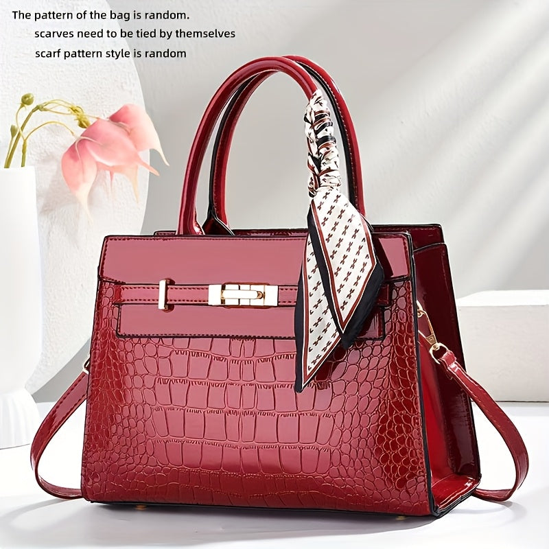 CHROSGEKEIDI Women's Luxury Crocodile-Texture Handbag - Adjustable Crossbody/Shoulder Strap, Golden-Tone Hardware, Zipper Closure, Structured Tote - Elegant Black Purse for Work, Travel, Everyday Use - Durable & Versatile Des