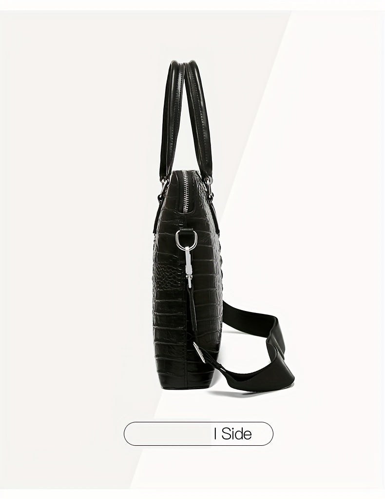 Men's Crocodile Pattern Briefcase - Stylish Business & Commuter Bag with Laptop Compartment, Adjustable Shoulder Strap, and Zipper Closure, Black, Laptop Carrying Case