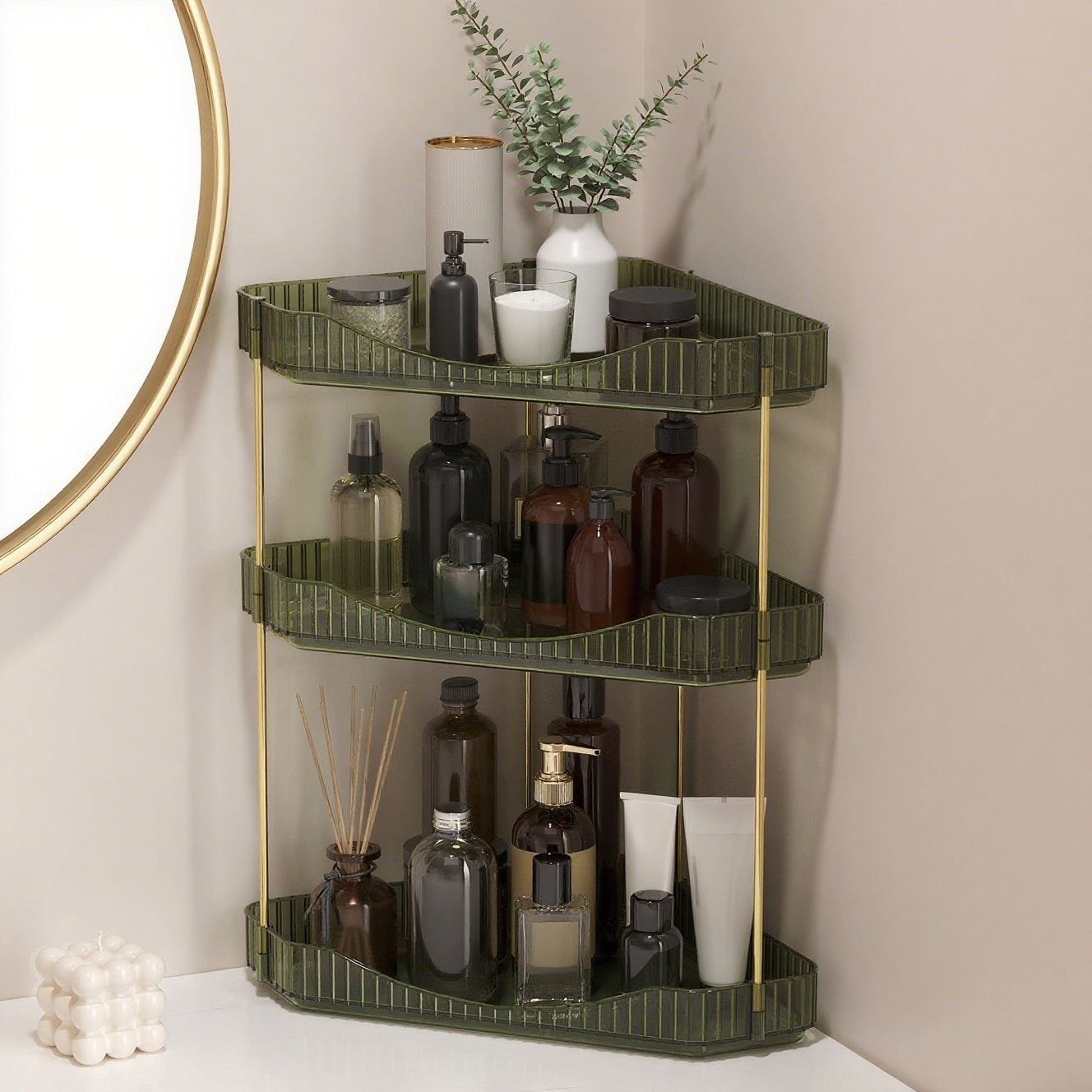 Bathroom Organiser Countertop Storage, Plastic Makeup Skincare Organiser, Vanity Perfume Trays Counter Shelf, Corner Shower Caddy, Corner Storage in Dresser, Bedroom, Kitchen