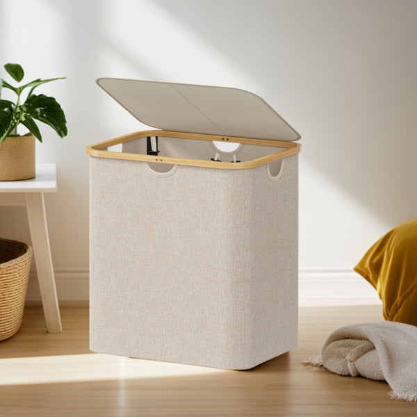 Laundry Basket with Lid, Clothes Hampers for Laundry with Bamboo Handles and A Removable Laundry Bag, Large Foldable Laundry Hamper for Bedroom, Bathroom, Dorm, Laundry Room,120L