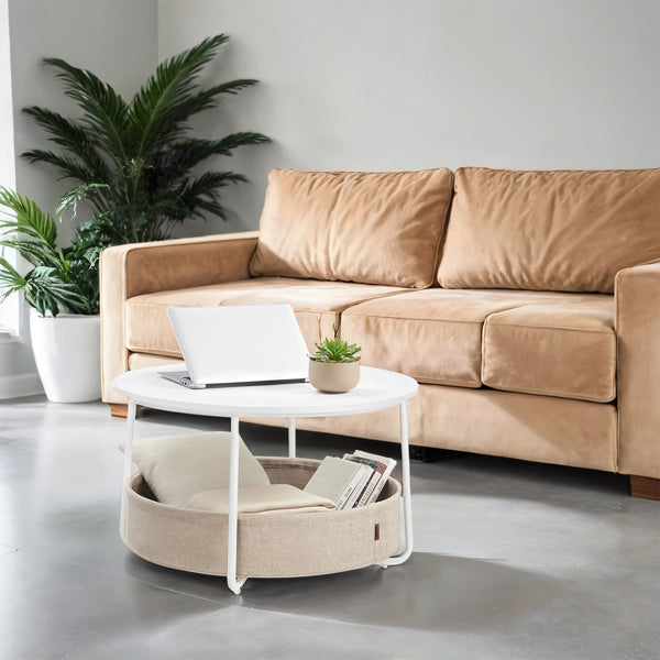 Coffee Table with Storage, Round Center Table with Fabric Basket, Modern Style, White and Brown