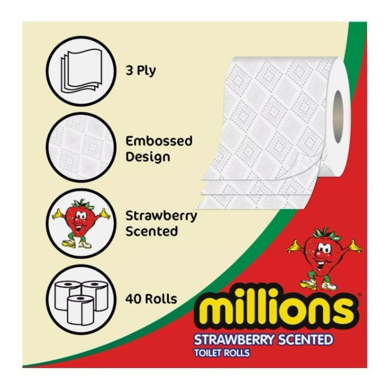 Millions Toilet Roll 3ply Strawberry Scented Soft Quilted Luxury Tissue Paper Strong & soft 40 Rolls