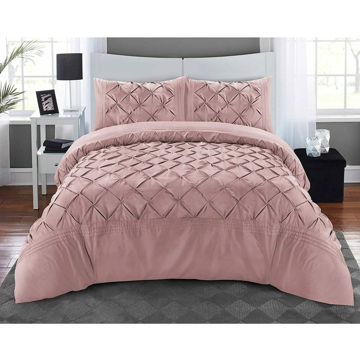 Luxury Pintuck Duvet Cover Set Double King Super King Soft Microfiber Pinch Pleat Bedding Set with Pillowcases White Silver Charcoal Pink