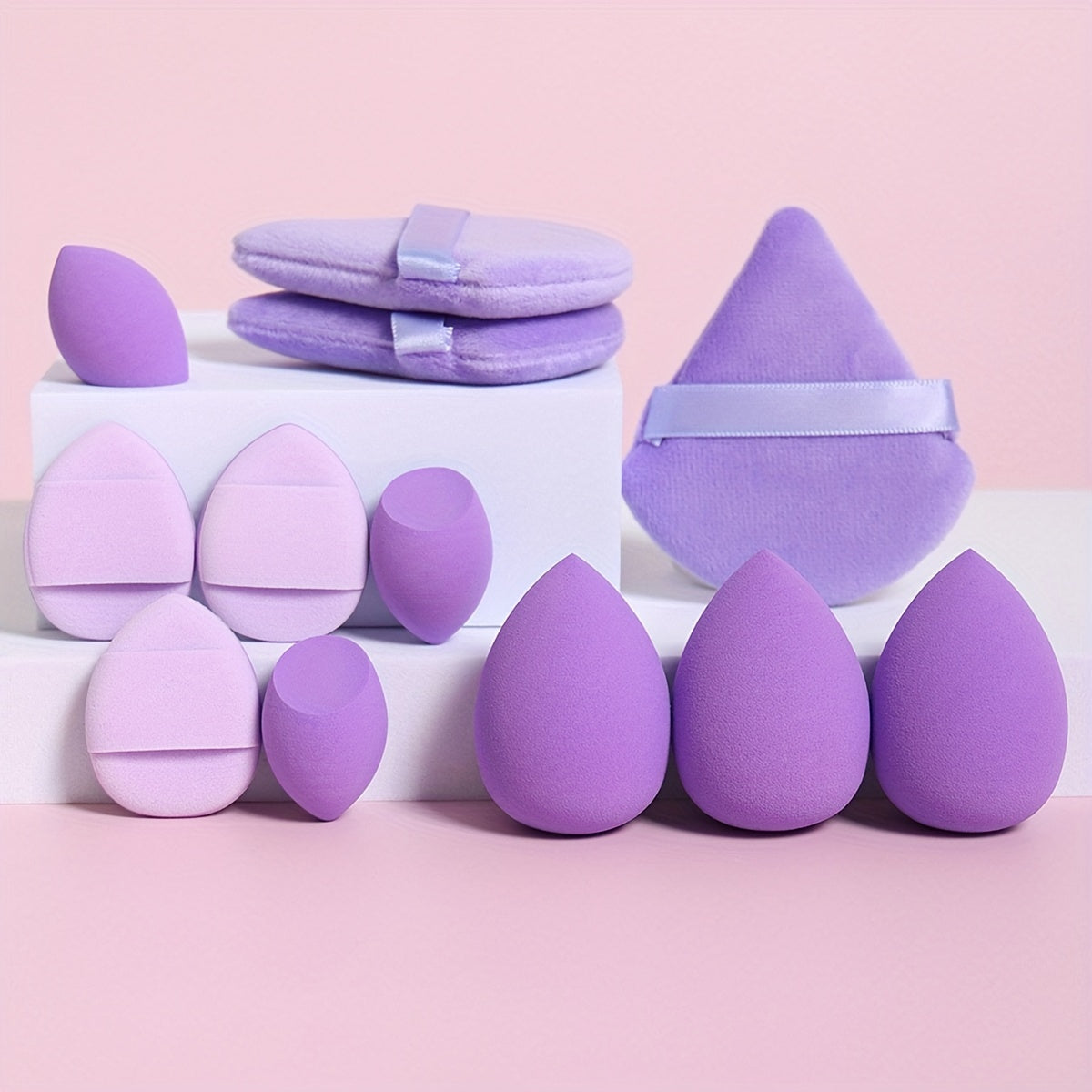 All-in-one 12pack/8pack makeup sponge set, consisting of 3 loose powder puffs, 3 mini air cushion puffs, 3 makeup sponges and 3 mini makeup sponges /or makeup puff& brush 8pcs set. Does not contain latex, does not easily eat