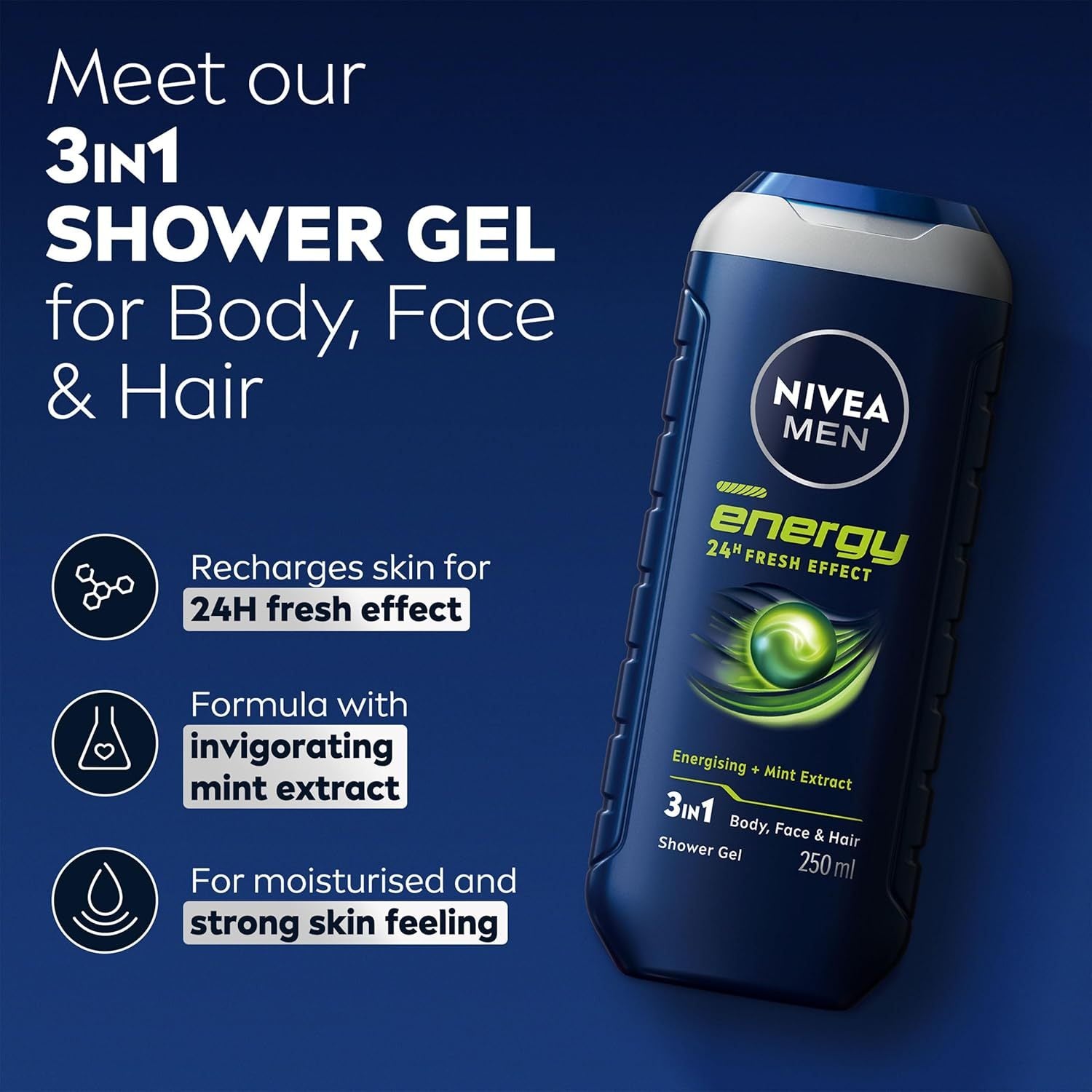 Nivea Men Energy 3-in-1 Shower Gel with Mint Extract, Body Face & Hair Wash, 250ml x 6 Pack