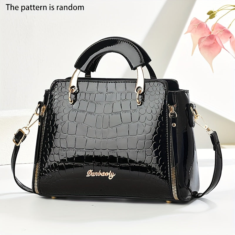 CHROSGEKEIDI Women's Crocodile-Texture Handbag - Glossy Black Alligator-like Shoulder Bag with Golden-Tone Hardware, Adjustable Strap & Zipper Closure, Golden-Tipped - Elegant Purse for, Casual, Formal Events (Luxury)