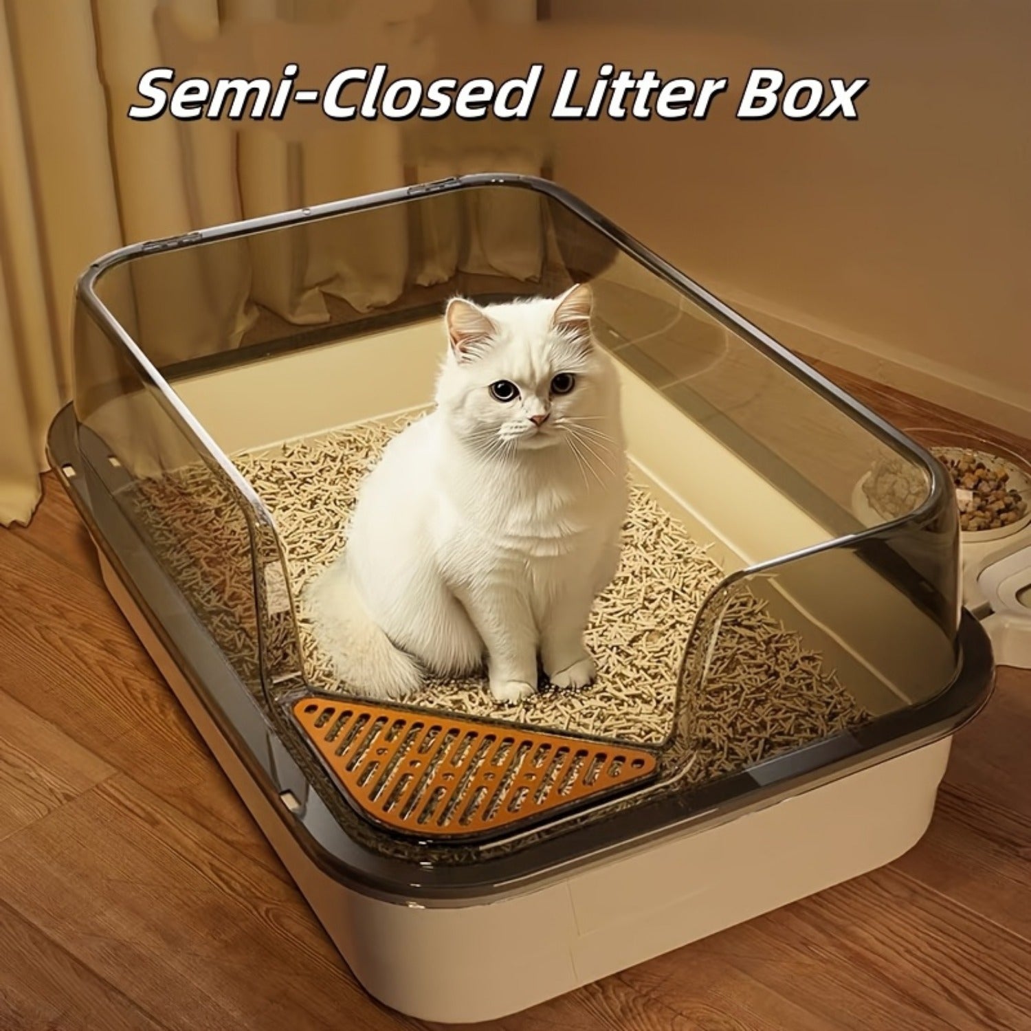 Extra Large Half-Closed Cat Litter Box with High Fence - Durable PVC, 24" x 15.9" x 6.3" - Includes Scoop - Ideal for Multi-Cat Families, Pet Litter Box