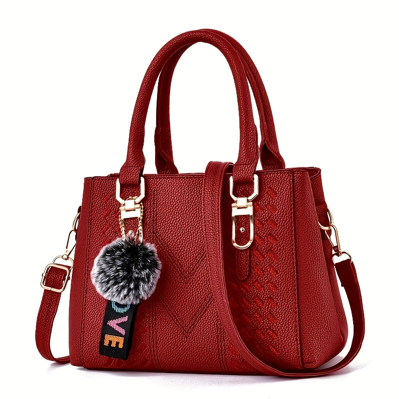 Women's Trendy Handbag with Ball Pendant, Simple Quilted Shoulder Handbag, Ladies' Easter