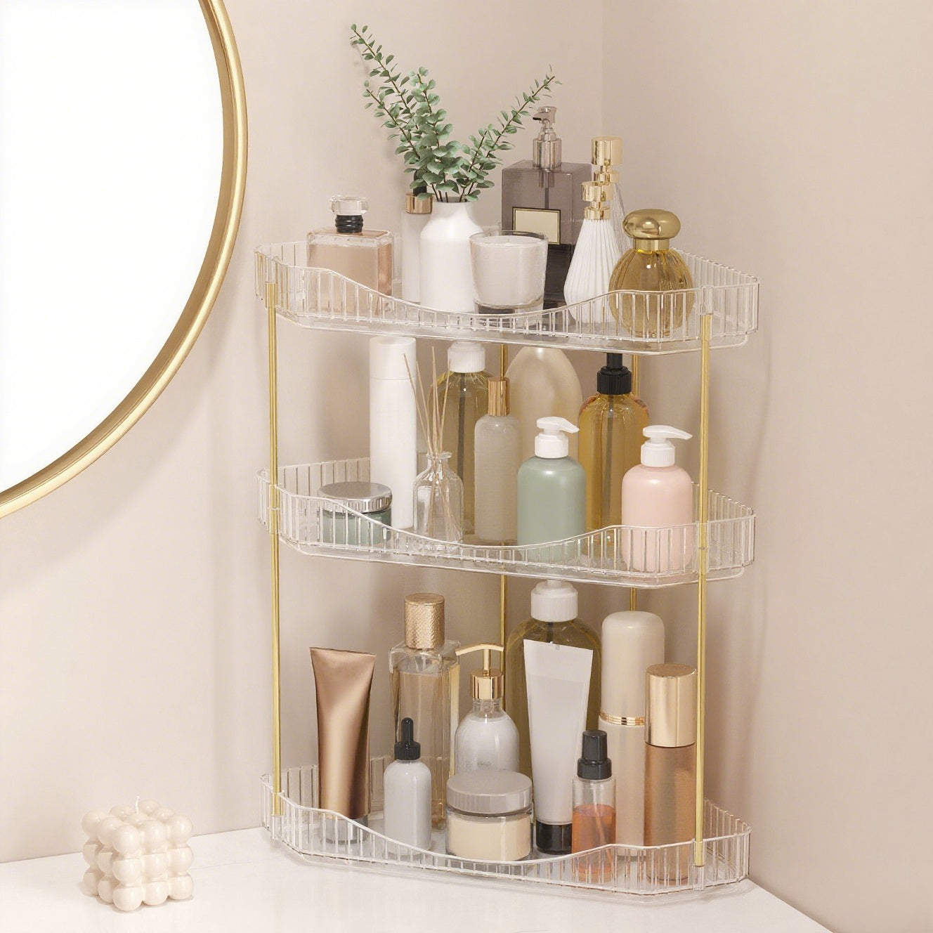 Bathroom Organiser Countertop Storage, Plastic Makeup Skincare Organiser, Vanity Perfume Trays Counter Shelf, Corner Shower Caddy, Corner Storage in Dresser, Bedroom, Kitchen