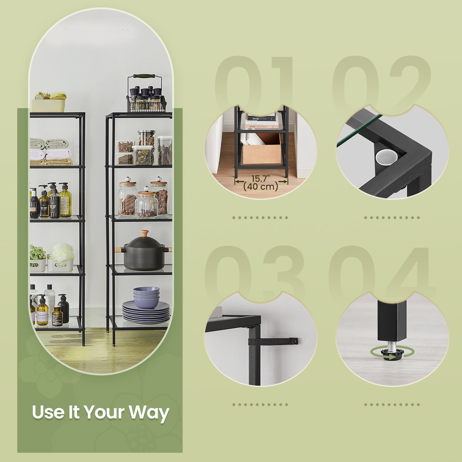 5-Tier Glass Shelf, Bookshelf, Storage Rack, Tempered Glass, Easy Assembly, Bathroom, Living Room, Black